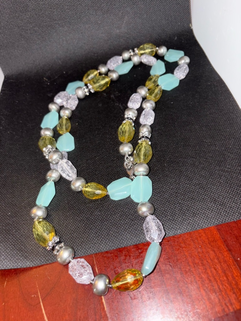 Jones New York Aqua and Yellow Beaded Necklace with Silver Accents
